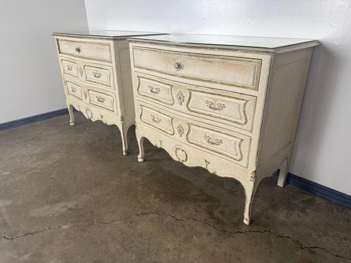 Pair of Louis XV–Style Painted Chests with Antiqued Marbled-Foxed Mirror Tops