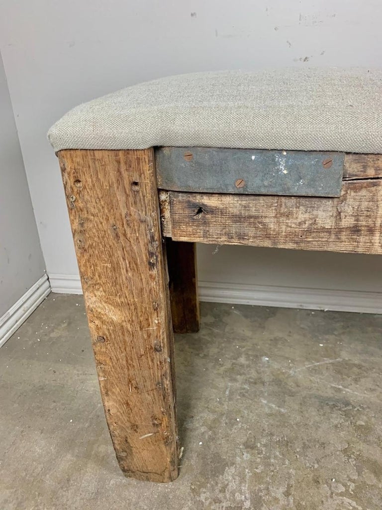 Monumental Spanish Carved Wood Bench with Linen Upholstery