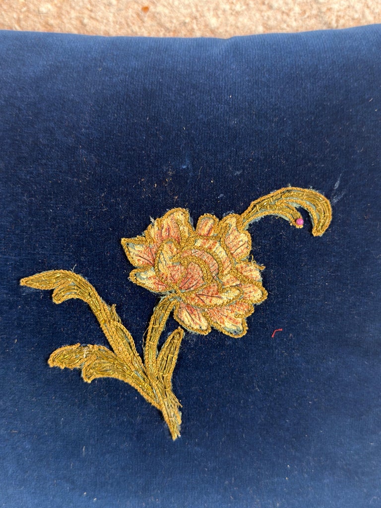 Pair of French Sapphire Velvet Pillows with 19th Century Gold Metallic Appliques