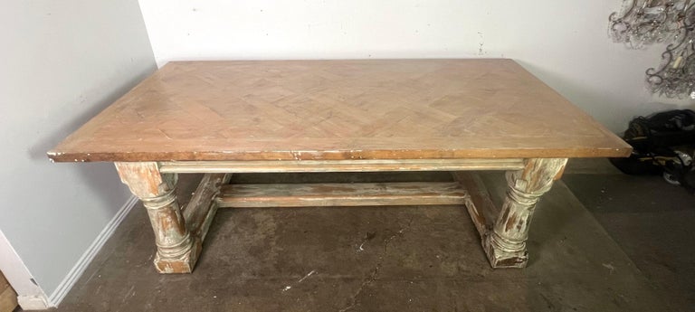 Rustic Painted Dining Table w/ Herringbone Pattern Top