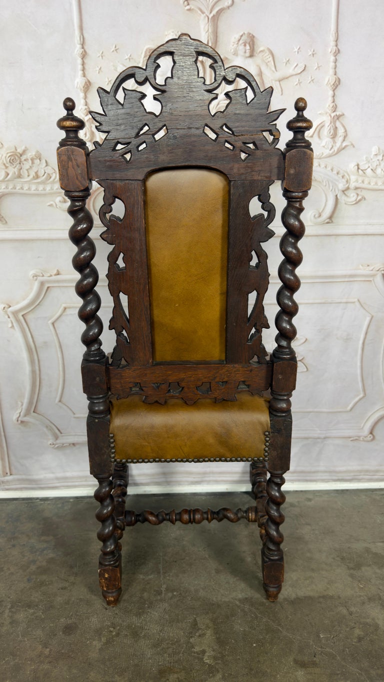Set of 6 Antique Jacobean Hunt Chairs in Heavily Carved Oak with Cognac Leather