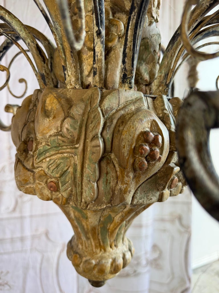 Monumental Italian Rococo Painted Wood & Wrought Iron 12-Light Chandelier