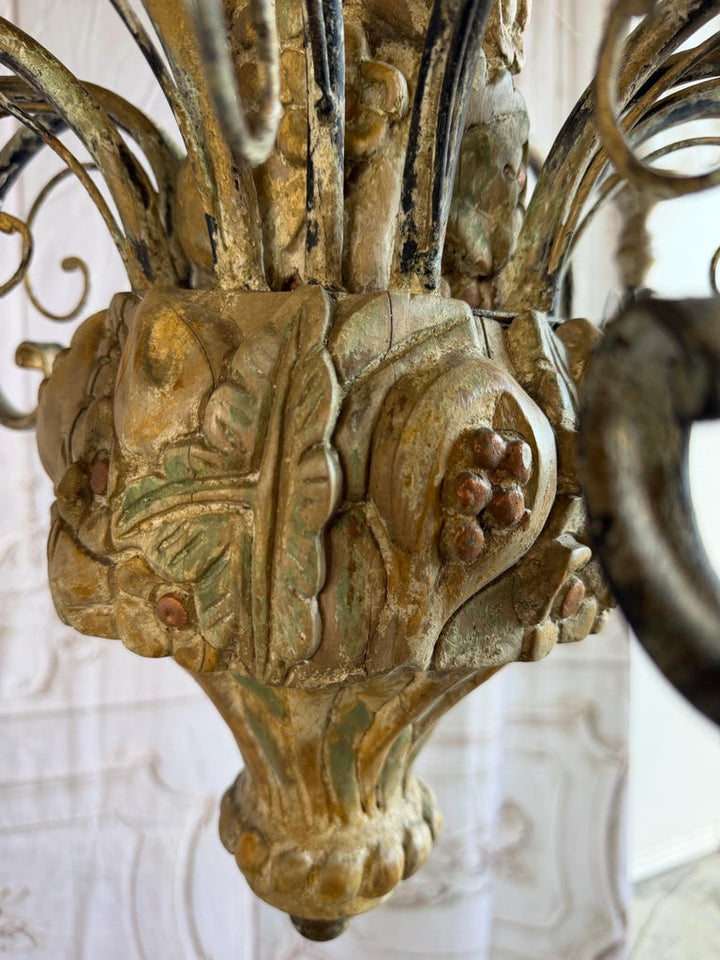 Monumental Italian Rococo Painted Wood & Wrought Iron 12-Light Chandelier