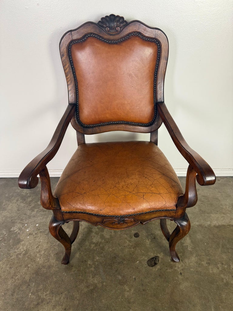 Set of Eight French Carved Wood Dining Chairs with Leather Upholstery