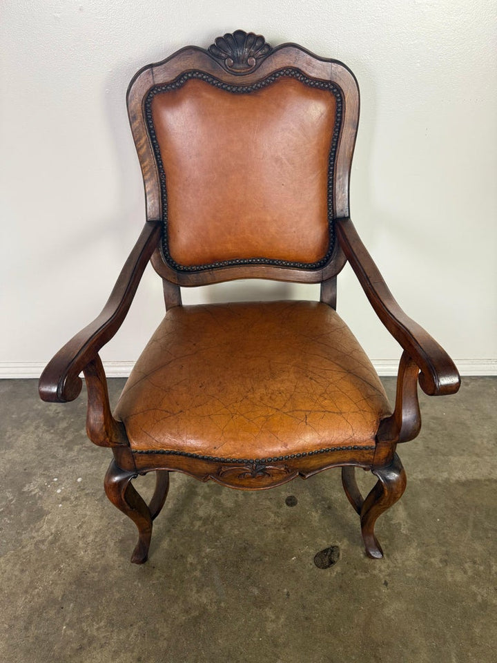 Set of Eight French Carved Wood Dining Chairs with Leather Upholstery