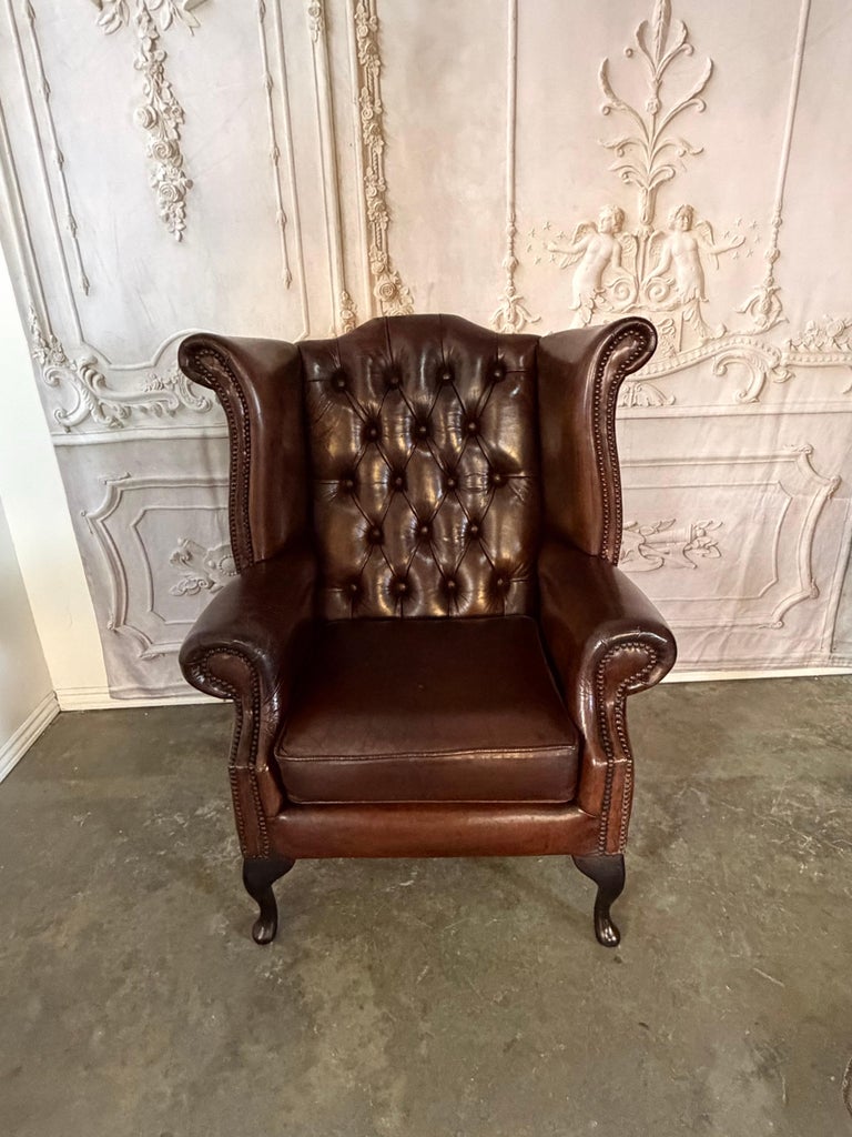 Pair of Vintage English Tufted Leather Wingback Armchairs