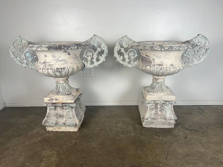 Pair of 19th C. French Cast Iron & Painted Urns