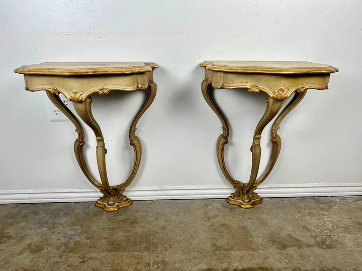 Pair of Italian Painted & Parcel Gilt Consoles w/ Drawers