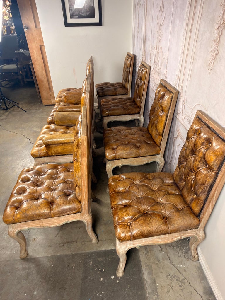Set of 8 French Louis XV Dining Chairs, Leather Tufted, 1960s