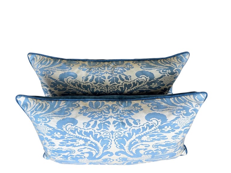 Pair of Custom Fortuny Textile Pillows in Blue with Velvet Backs