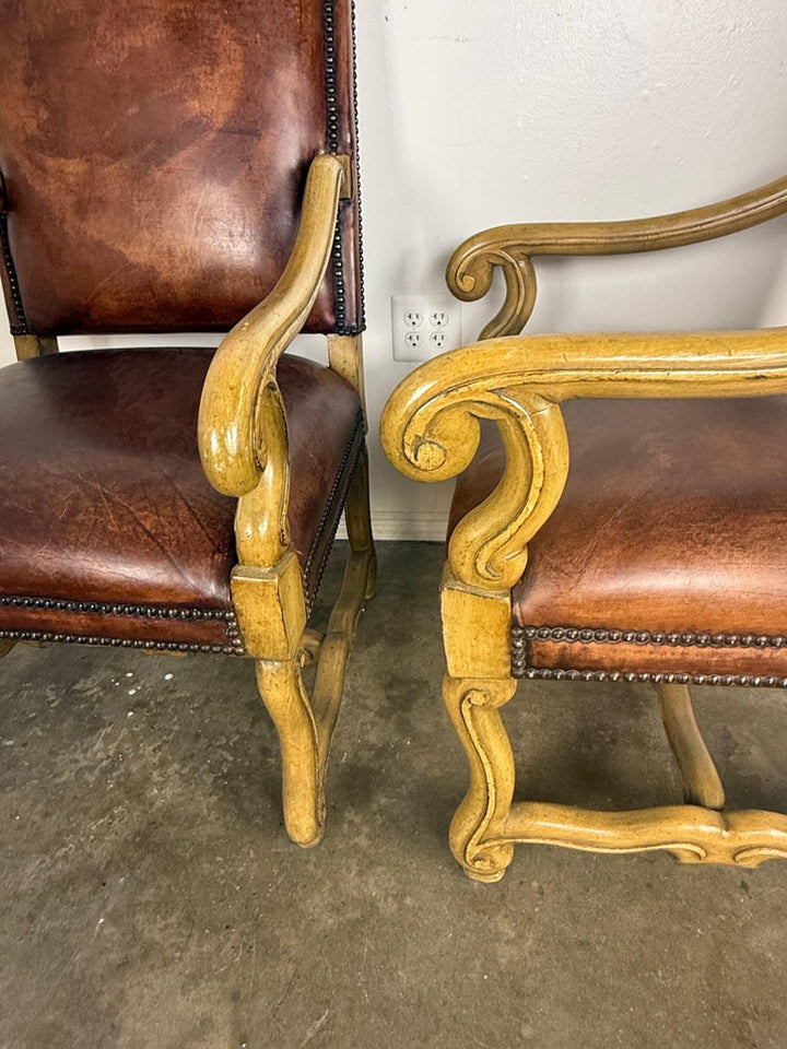 Pair of Mid-20th Century Italian Carved Armchairs with Leather Upholstery