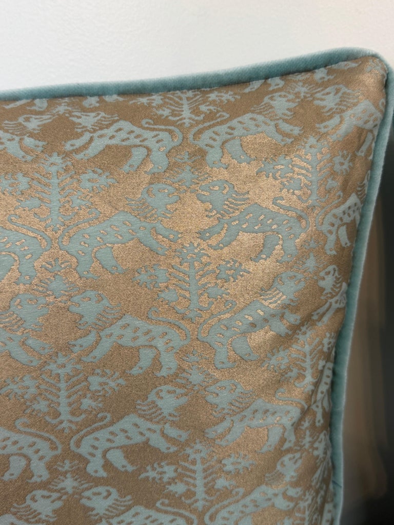 Pair of Richelieu Lions in Aquamarine and Gold Velvet Fortuny Pillows
