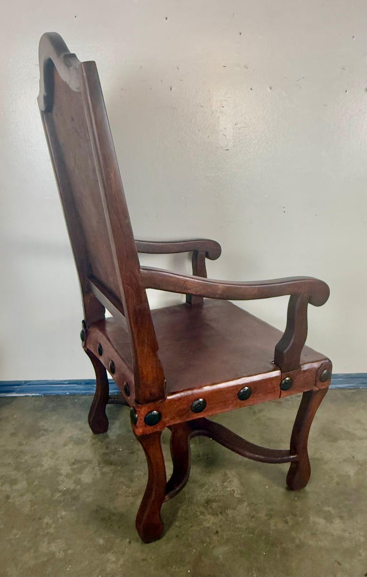Set of Eight Spanish Walnut & Leather Dining Chairs