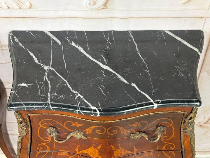 Pair of French Louis XV Style Bombe Nightstands - with Marble Tops