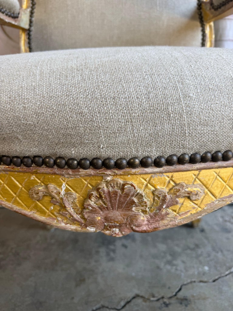 Set of 14 French Louis XV Style Distressed Dining Chairs with Linen Upholstery