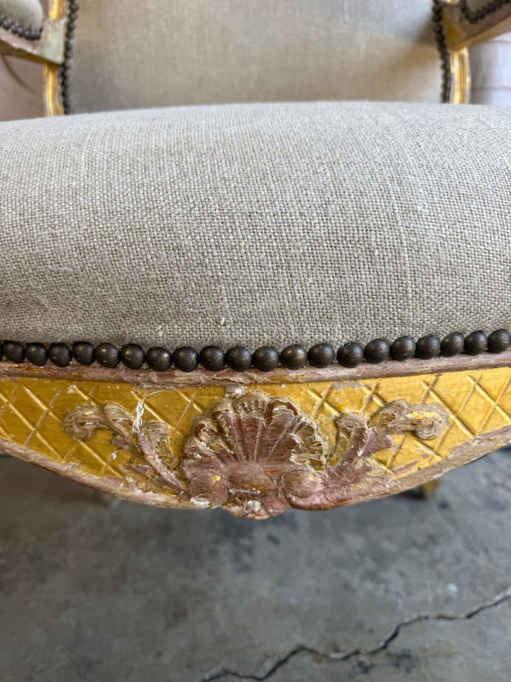 Set of 14 French Louis XV Style Distressed Dining Chairs with Linen Upholstery