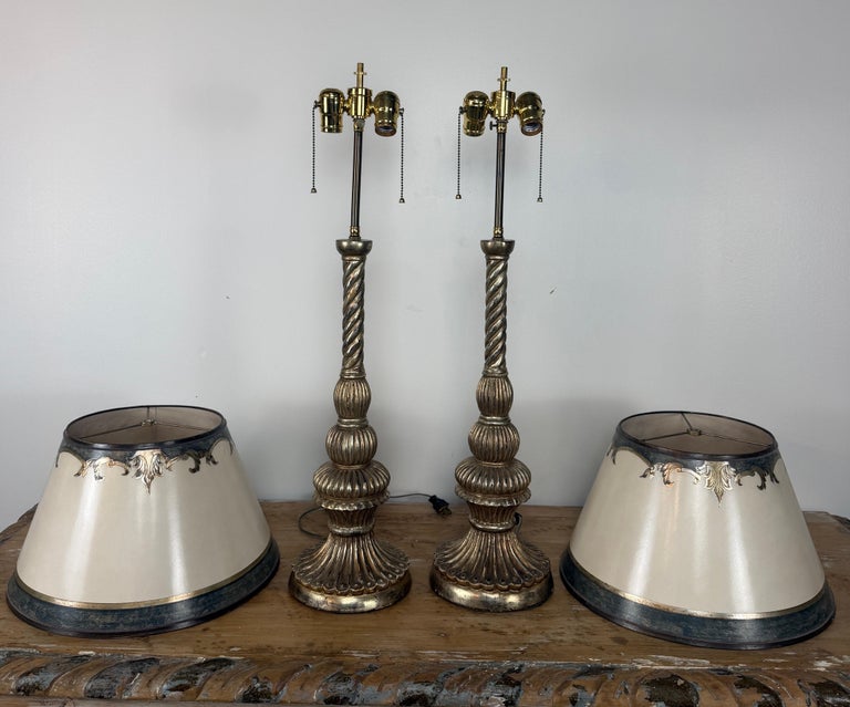Pair of Italian Baroque Barley Twist Table Lamps - Silvered and Giltwood