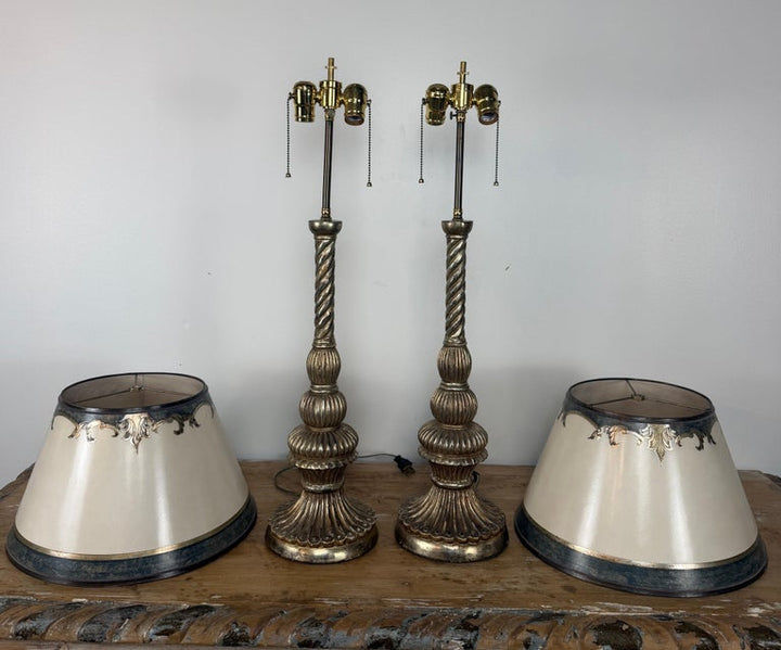 Pair of Italian Baroque Barley Twist Table Lamps - Silvered and Giltwood