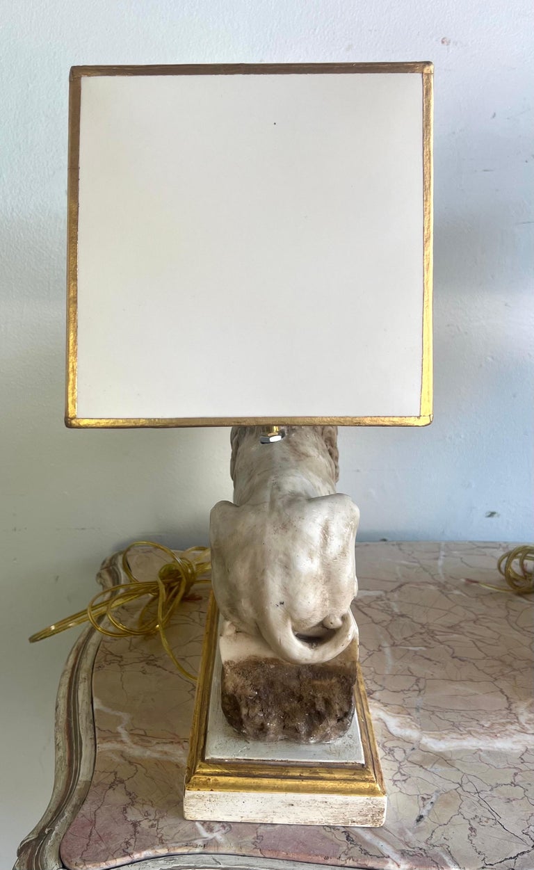 Pair of Italian Carved Stone Lion Lamps with Parchment Shades