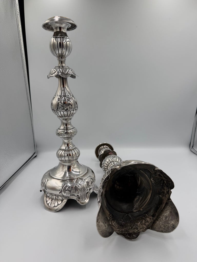 Pair of Antique Sterling Silver Baroque Revival Candlesticks with Repoussé