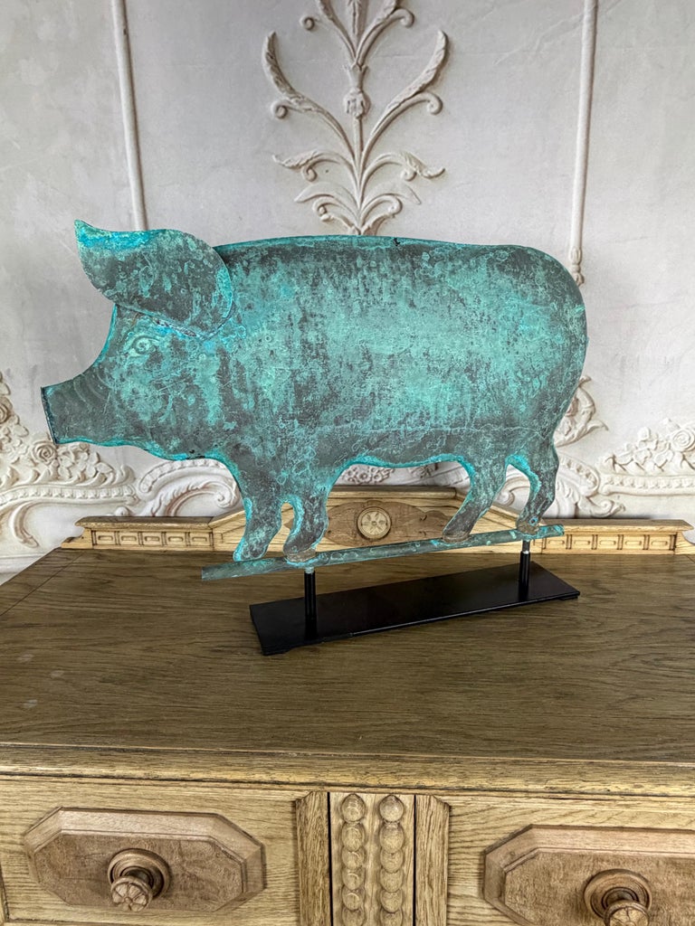 Folk Art Copper Pig Weathervane Object on Iron Base