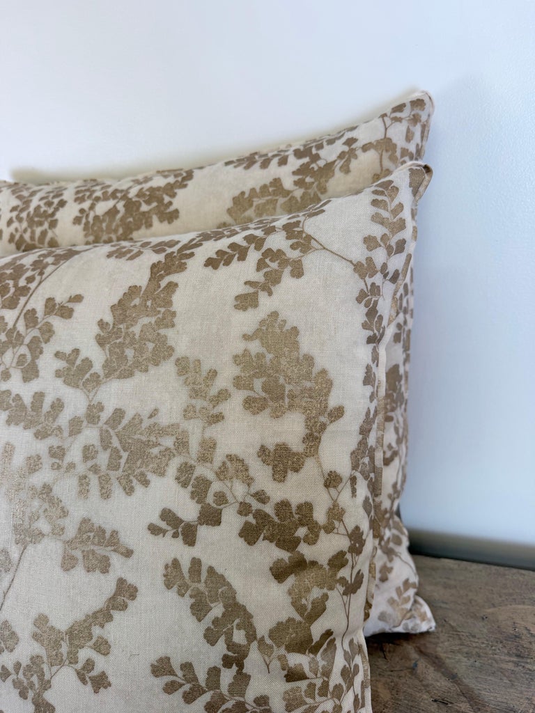 Pair of Custom White Pillows w/ Fern Botanical Design