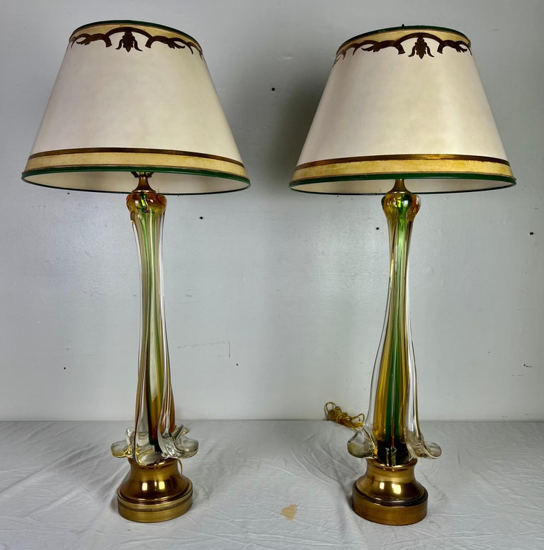 20th Century Italian Art Glass Lamps with Parchment Shades, Pair