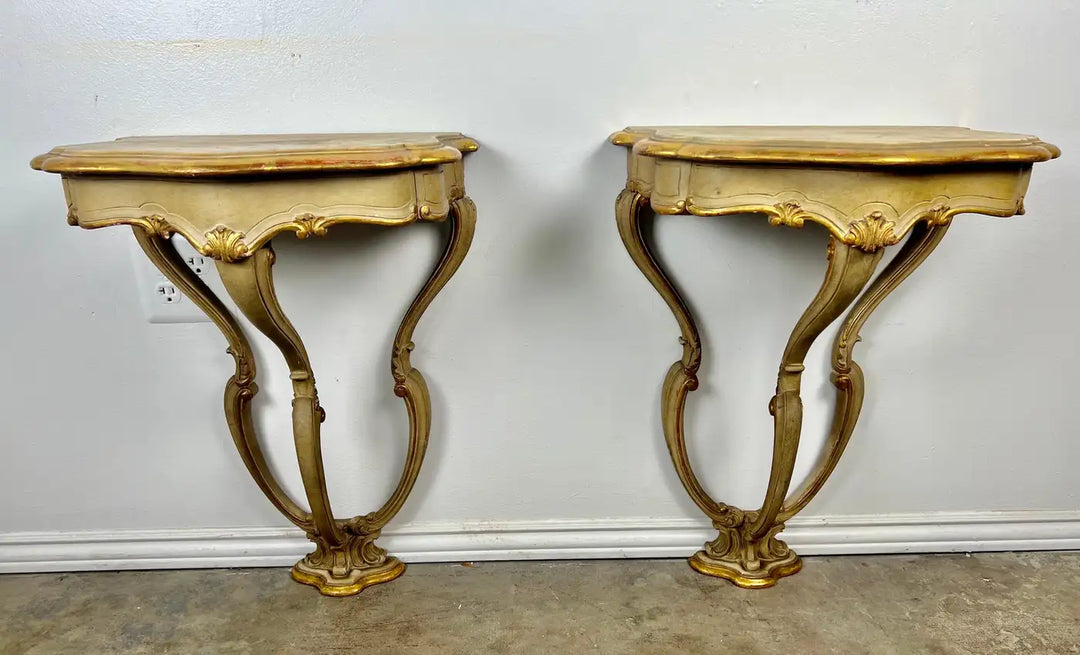 Pair of Italian Painted & Parcel Gilt Consoles w/ Drawers