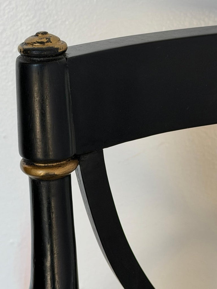 Set of Ten Regency-Style Ebonized Dining Chairs with Linen Seats