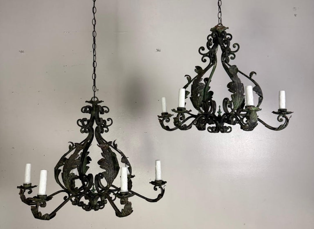 Pair of Spanish Six-Light Wrought Iron Chandeliers