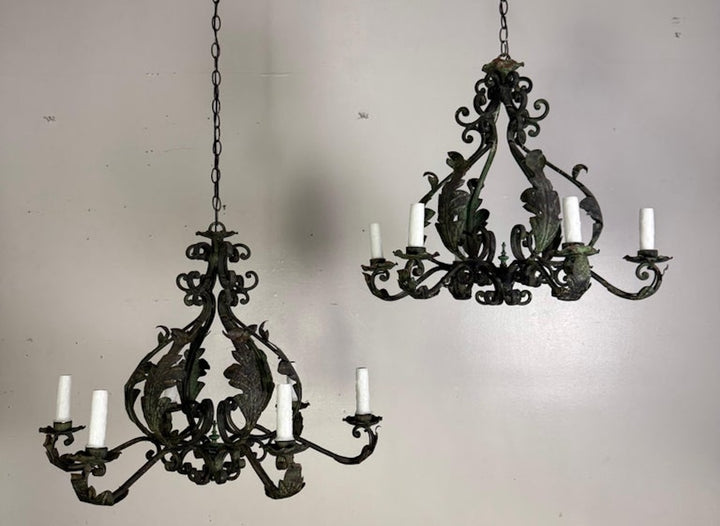 Pair of Spanish Six-Light Wrought Iron Chandeliers