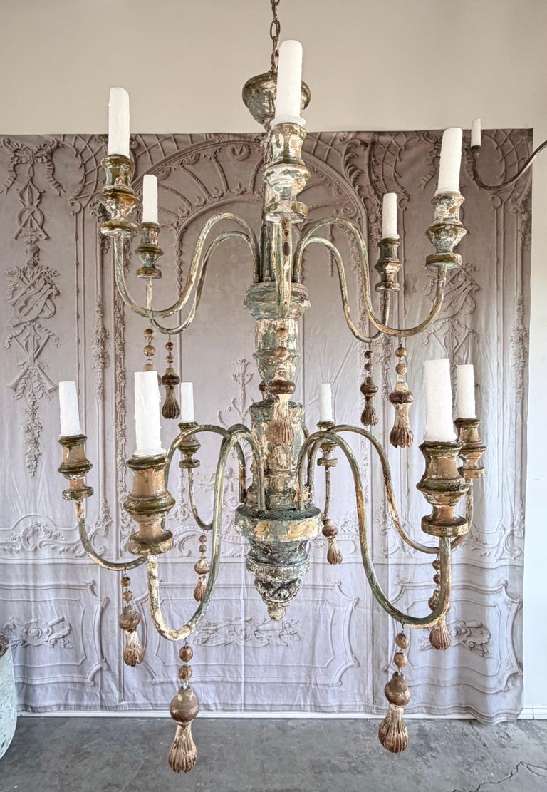 Mediteranean Style Italian Painted & Parcel Gilt Wood 12-Light Chandelier