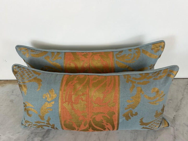 Nomi Stenciled Linen Lumbar Pillows in Celeste Blue, USA