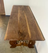 Handcrafted Solid Wood Trestle Dining Table with Wrought Iron Stretcher