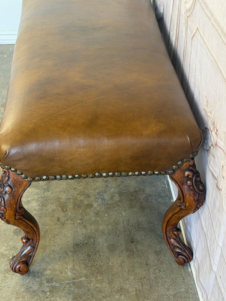 Antique French Louis XV Bench, Hand-Carved Wood &amp; Brown Leather