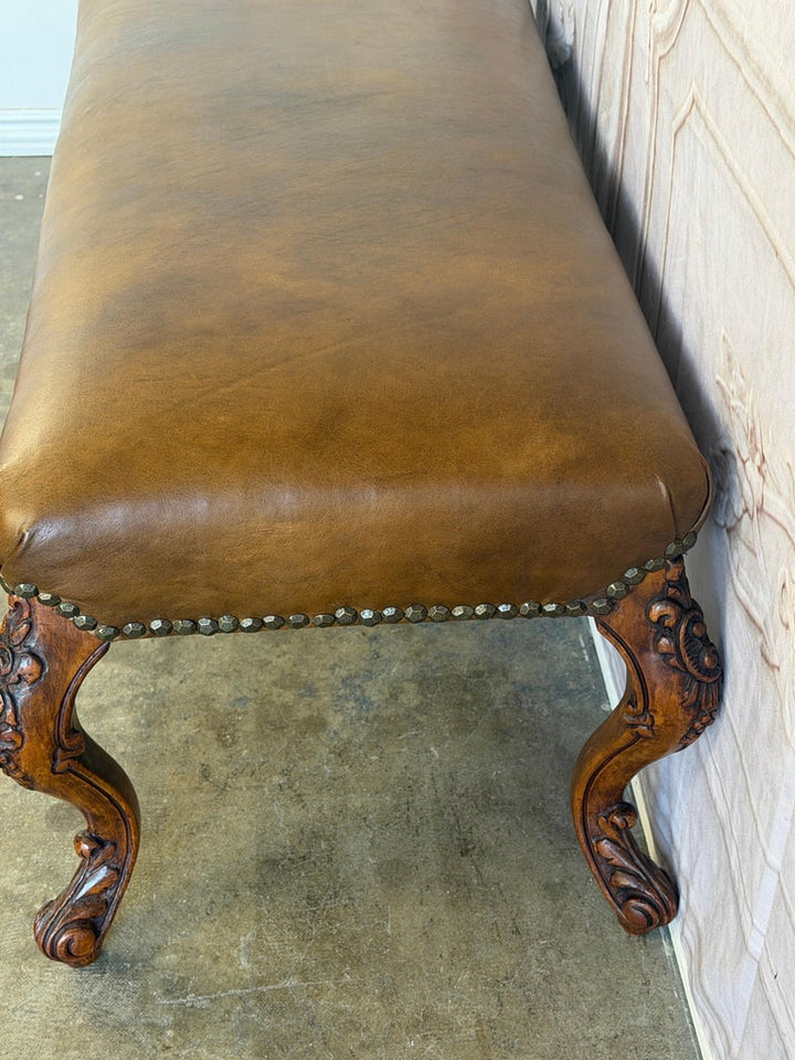 Antique French Louis XV Bench, Hand-Carved Wood &amp; Brown Leather