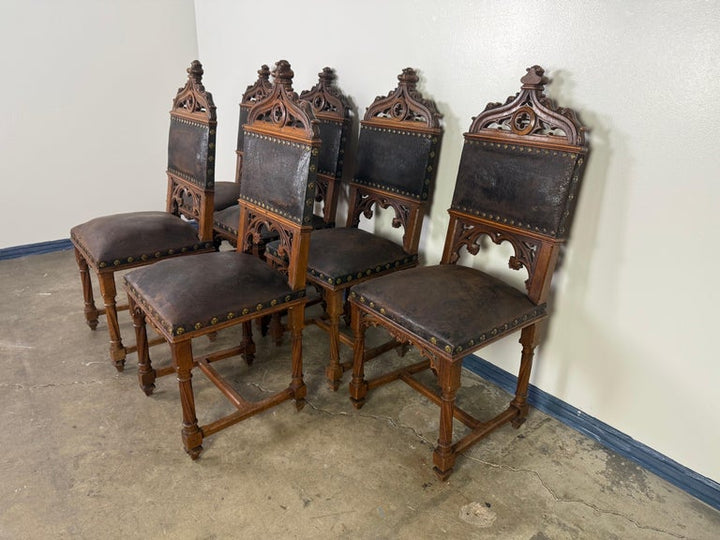 Set of Six 19th C. Gothic-Style Leather Dining Chairs