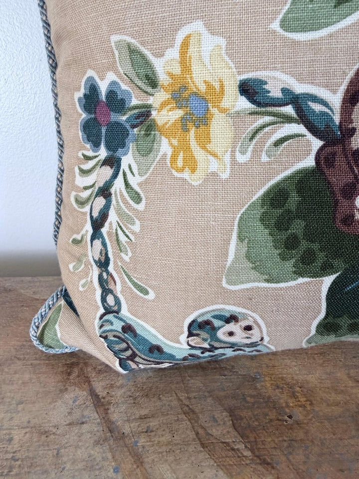 Designer Linen Throw Pillow in Exotic “Braganza” Jungle Print with Leopard Motif