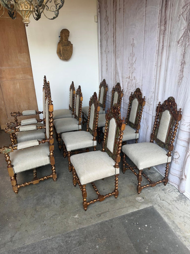 Set of 10 chairs Italian Renaissance Revival Polychrome Giltwood Dining Chairs