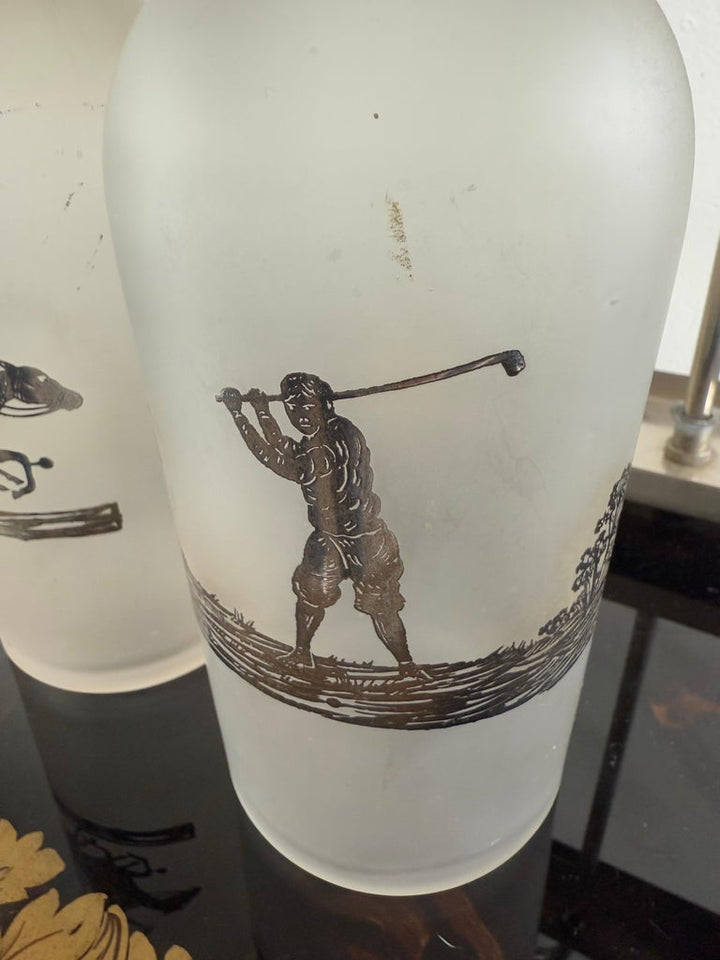 Set of Etched Polo Player Bottles in Silver Tantalus C. 1930's