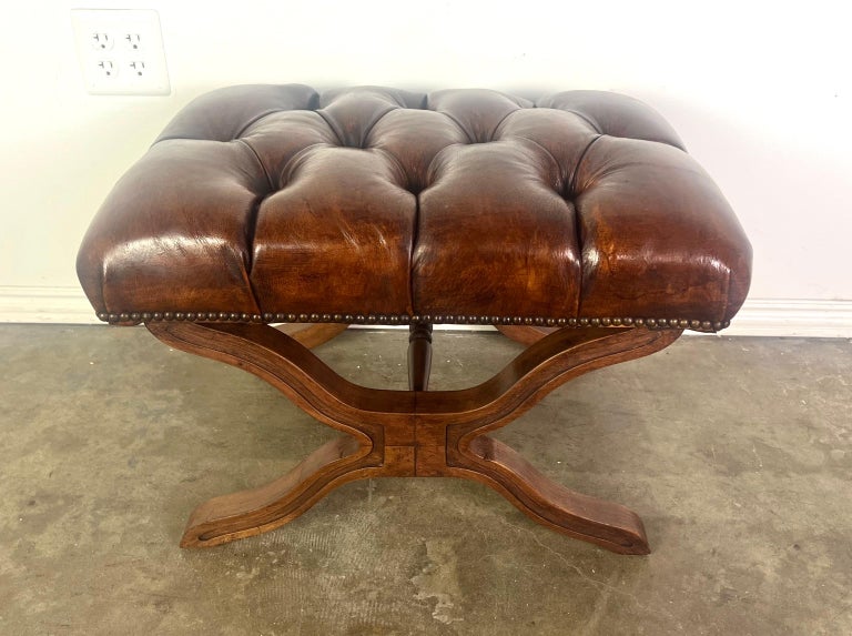 English Leather Tufted Bench C. 1940