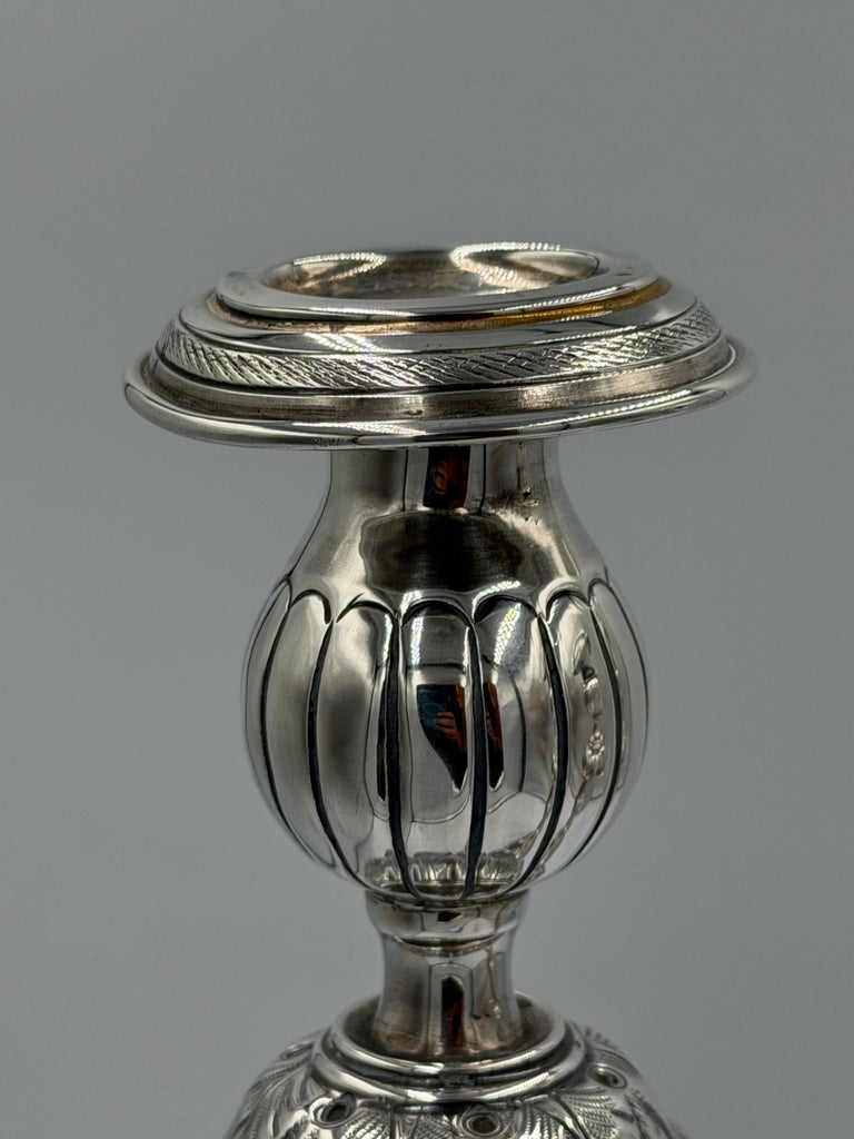 Pair of Antique Sterling Silver Baroque Revival Candlesticks with Repoussé