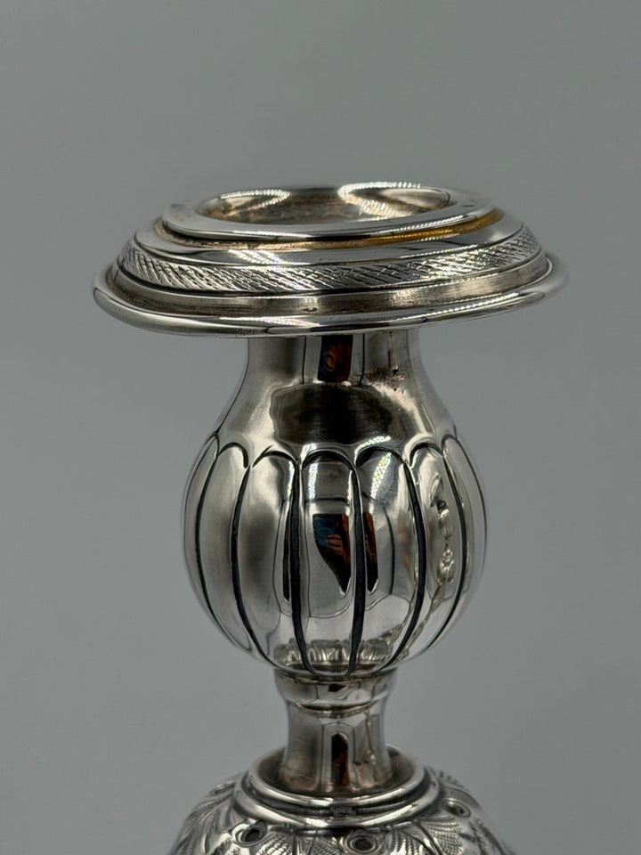 Pair of Antique Sterling Silver Baroque Revival Candlesticks with Repoussé