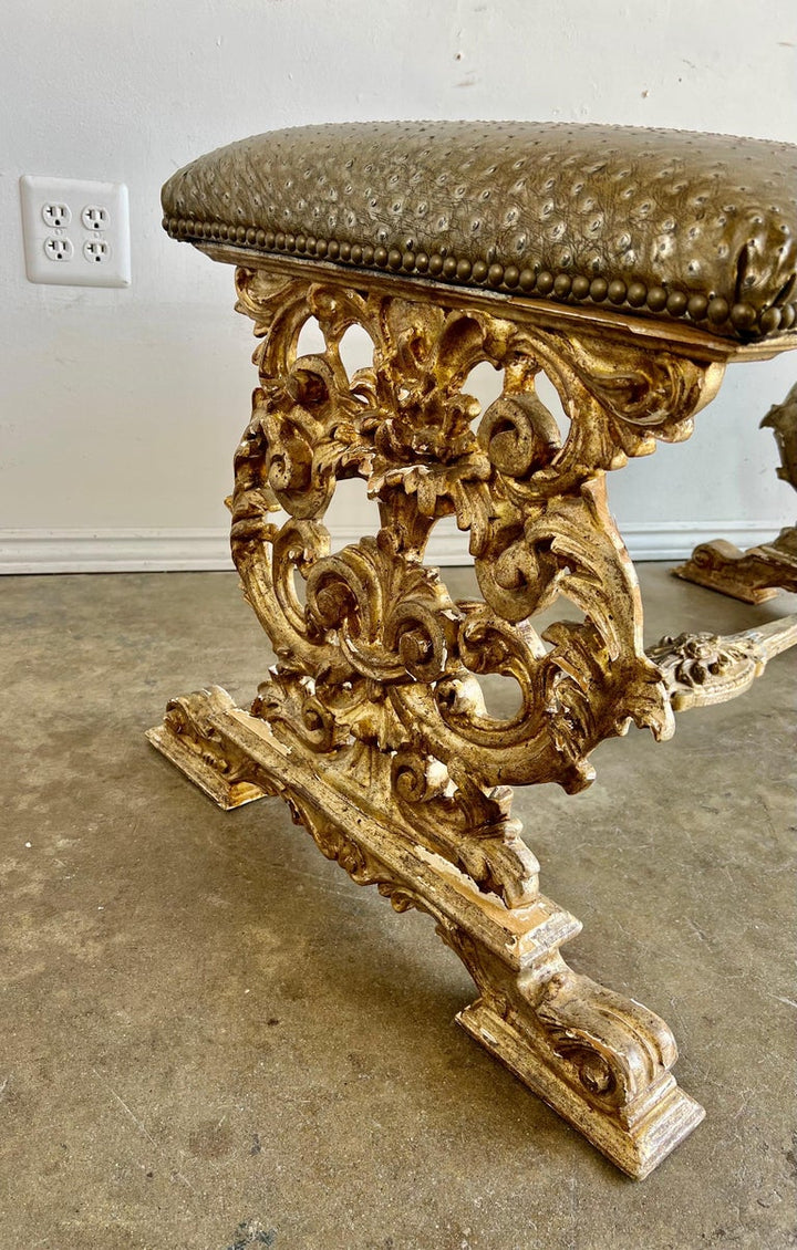 Italian Carved Giltwood Bench W/ Embossed Leather