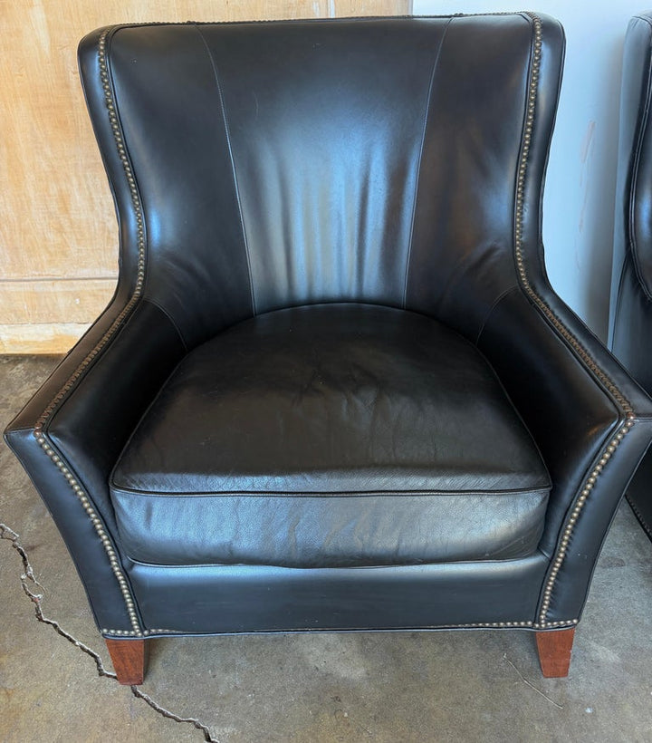 Pair of Thomasville Black Leather Wingback Lounge Chairs