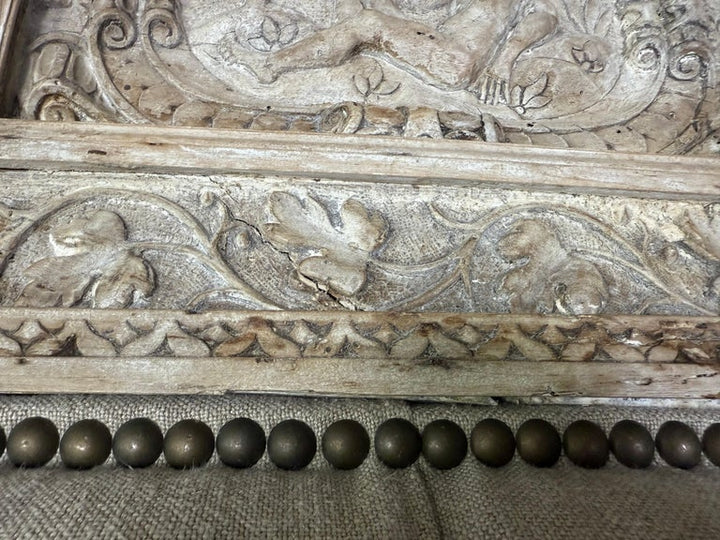 Italian Carved Linen Headboard w/ Antique Panel