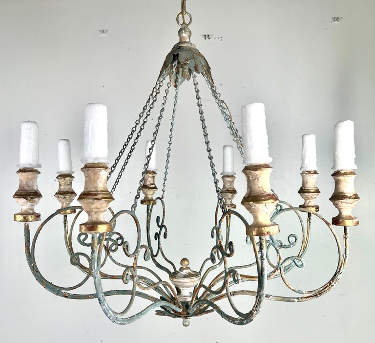 Custom Eight Light Wood & Iron Painted Chandelier by Melissa Levinson