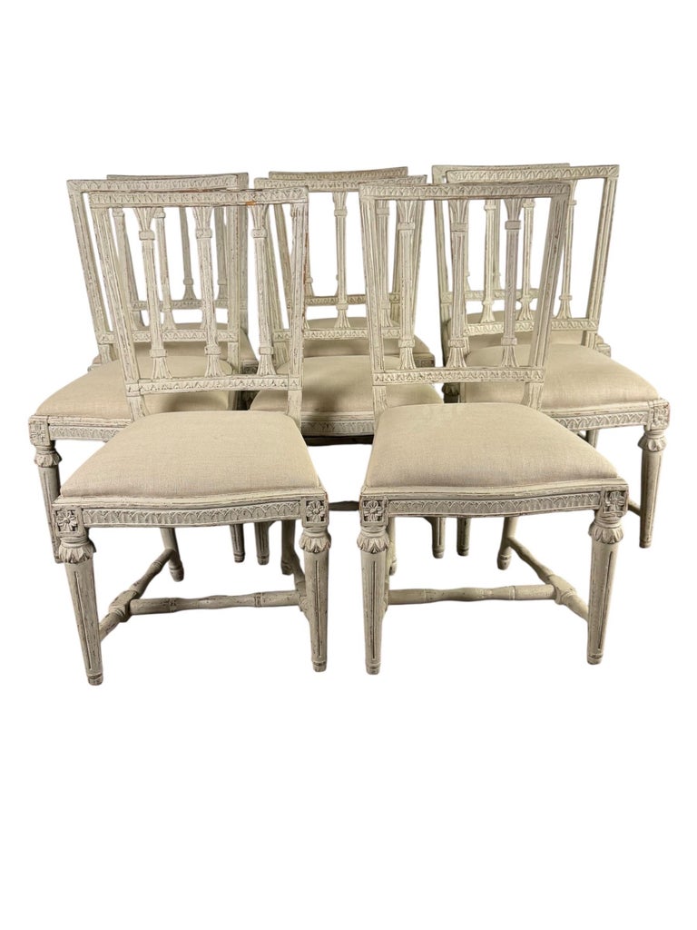 Set of Eight Swedish Gustavian Style Dining Chairs, 19th Century