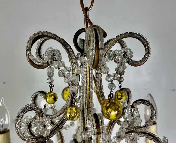 French Crystal Beaded Chandelier W/ Amber Drops, circa 1930