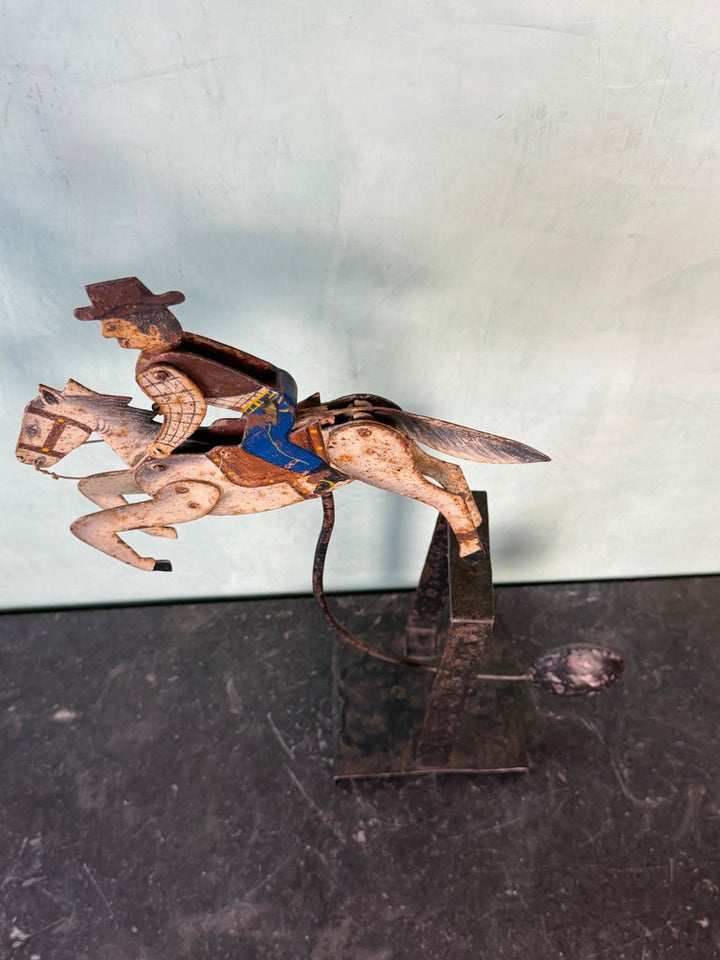 Vintage Folk Art Cowboy on Horse Balancing Sculpture